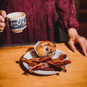 CURED Fine Meats - Maple Cured Bacon paired with coffee and a muffin for breakfast